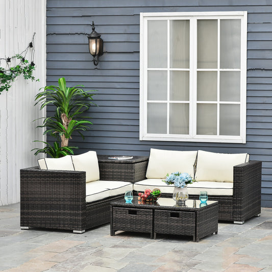 Outsunny 4 pcs Rattan Furniture Sofa Storage Table Set w/ 2 Drawers Corner Table Brown