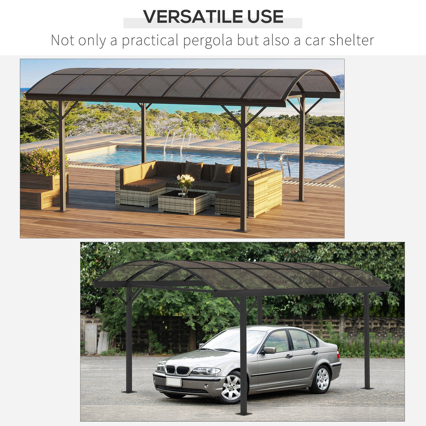 Outsunny 5 x 3(m) Hardtop Pergola Aluminium Gazebo Pavilion Garden Shelter Carport with Polycarbonate Roof, Brown Aluminiuim Frame w/