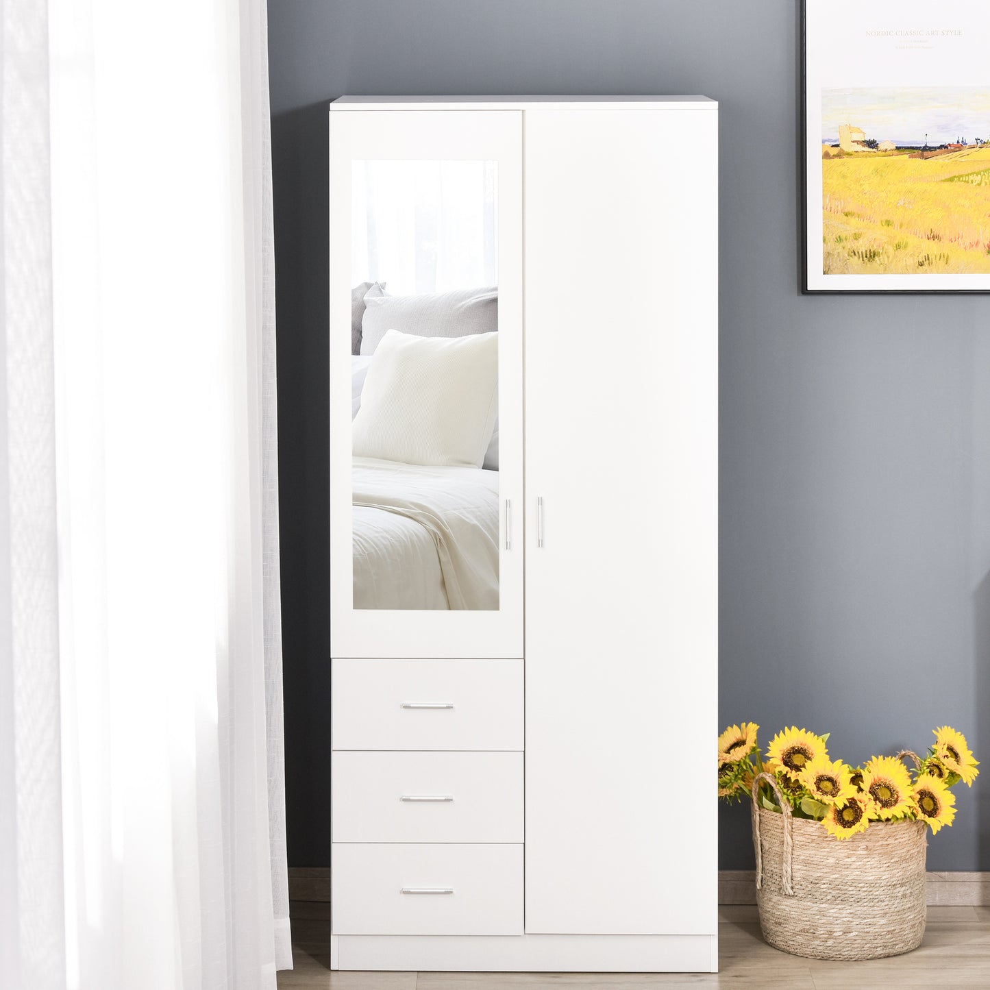 HOMCOM 2-Door Wardrobe w/ Adjustable Shelf 3 Drawers Mirror Home Storage, 80W x 50D x 180Hcm, White