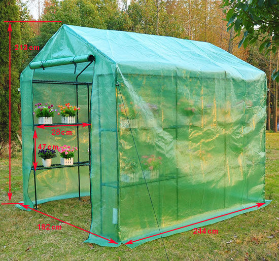 Outsunny Greenhouse W/ Shelves, Polytunnel, 244 x 182 x 213 cm-Green