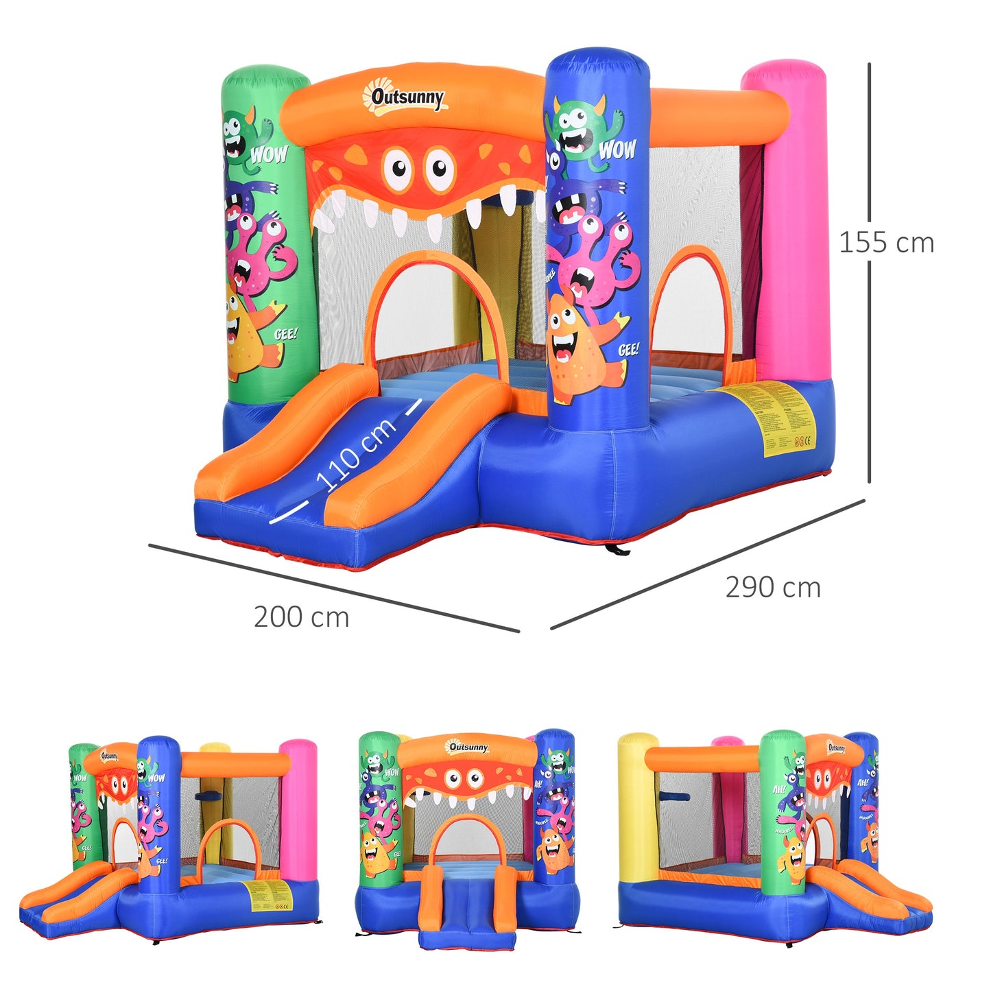 Outsunny Bounce Castle Inflatable Basket Trampoline Slide Monster Design 2.9 x 2 x 1.55m