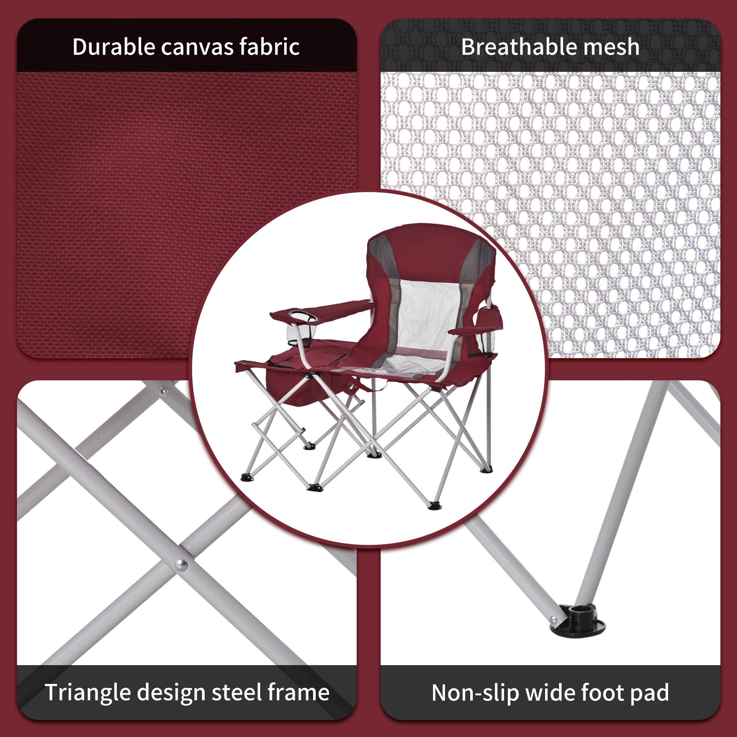 Outsunny Folding Camping Chair w/ Insulation Bag, Cup Holders And Side Table Wine Red
