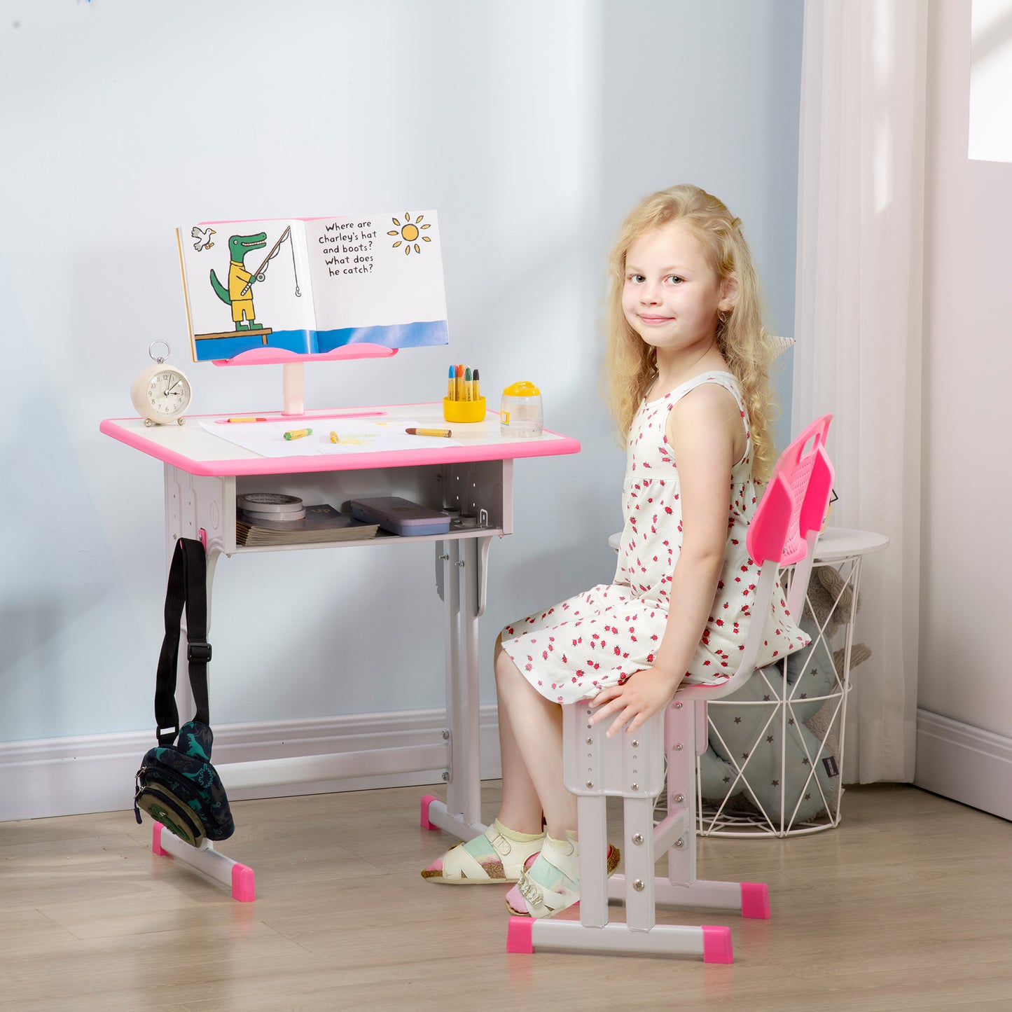HOMCOM Kids Desk and Chair Set, Height Adjustable Study Table Set, Pink