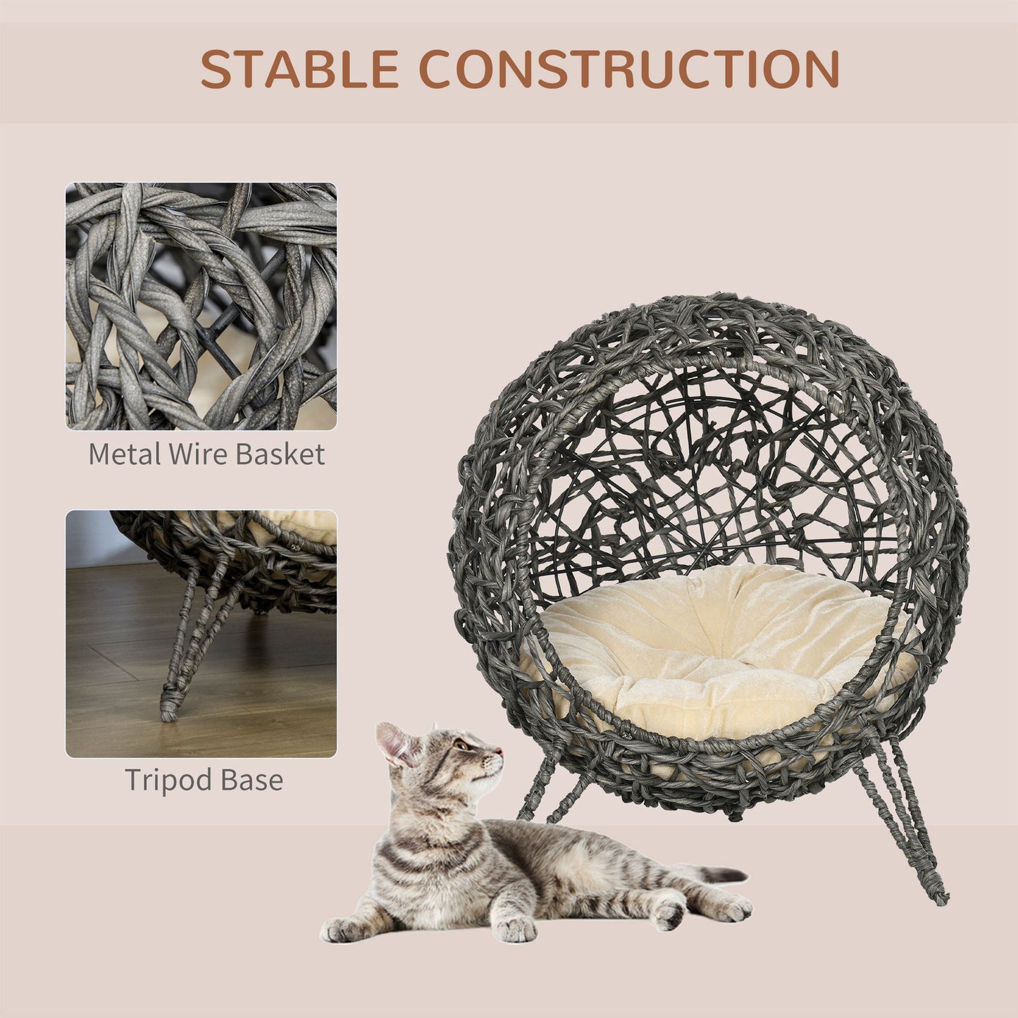 Pawhut Woven Rattan Elevated Cat Bed House Kitten Pussy Basket Ball Shaped Pet Furniture Silver Grey