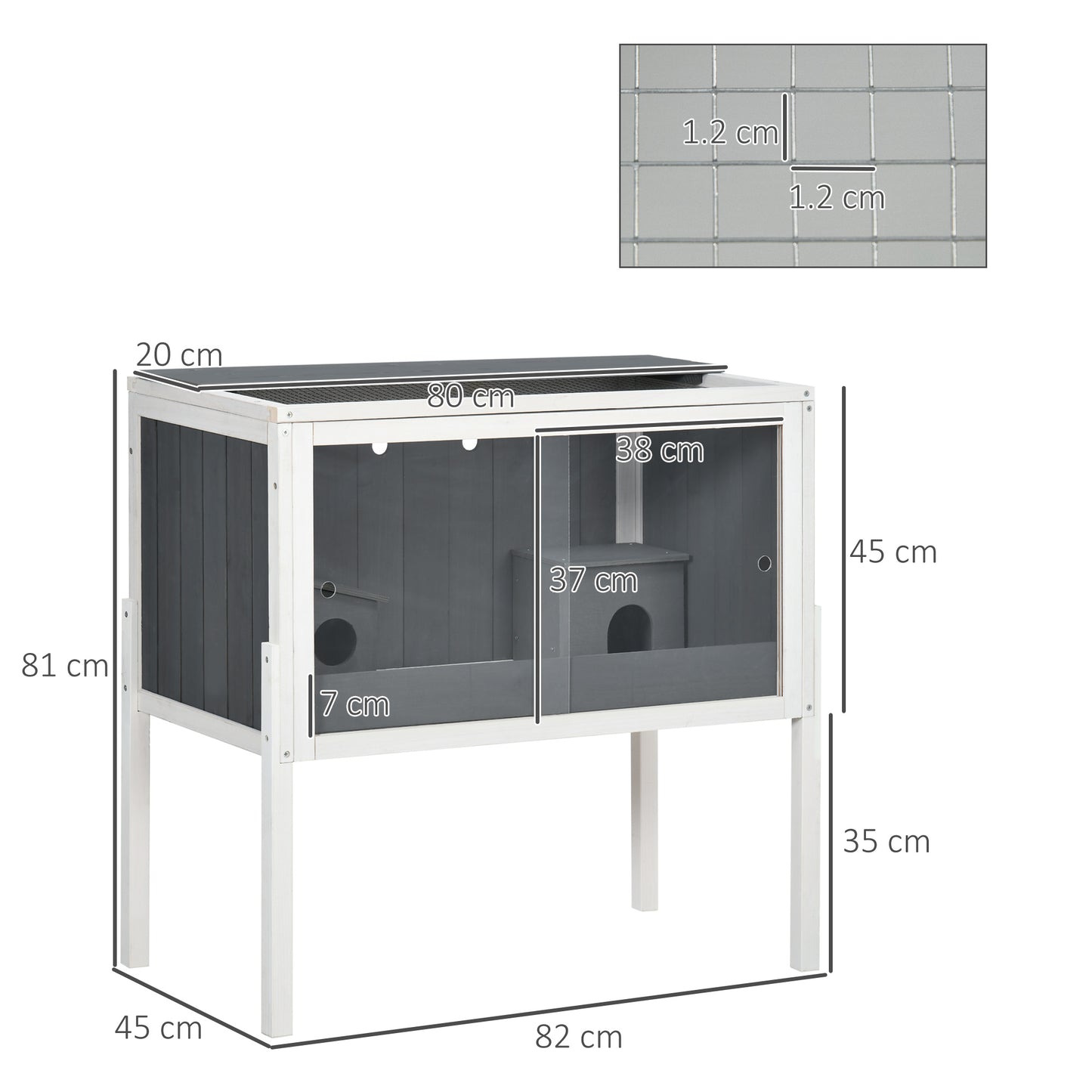 PawHut Wooden Hamster Cage with Shelf, Small Animal Hutch for Dwarf Hamsters, Gerbils, Rutin Chickens, with Huts, 82 x 45 x 81 cm, Dark Grey