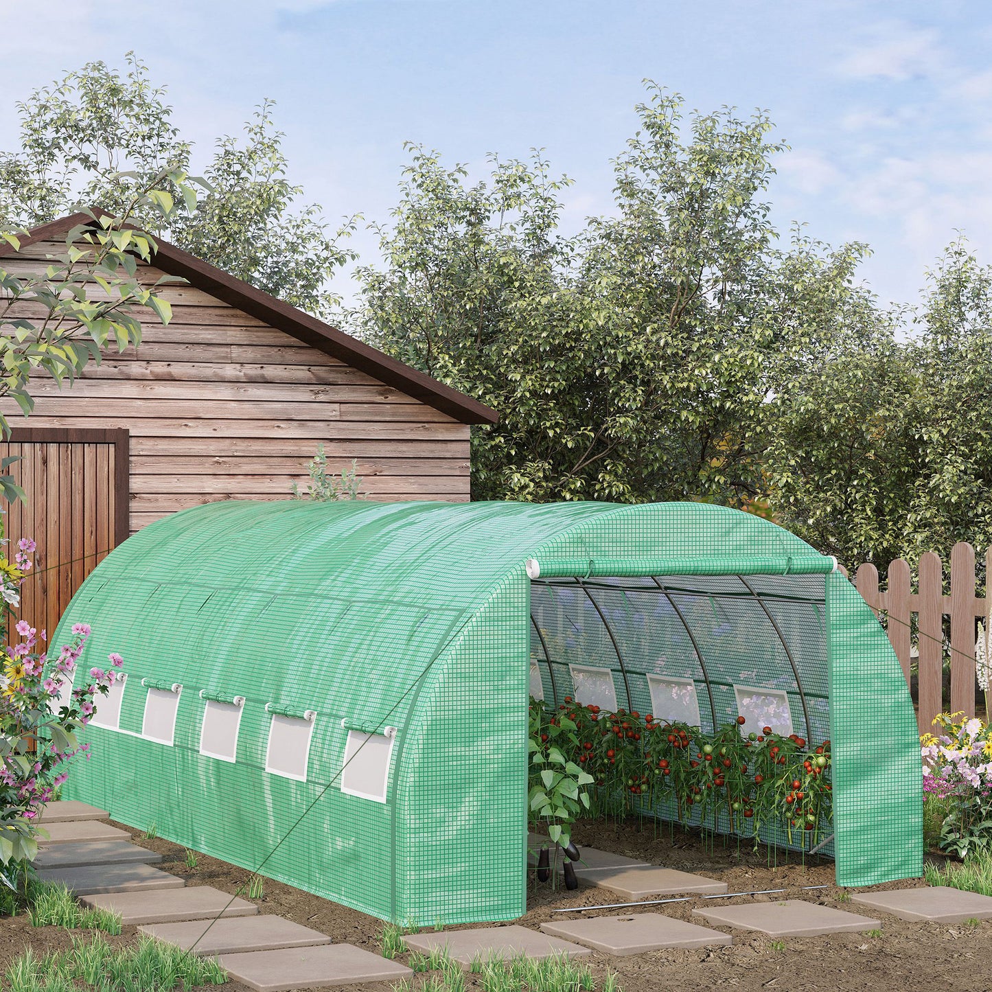 Outsunny Polytunnel Greenhouse Walkin Grow House Tent with Rollup Sidewalls Zipped Door and 12 Windows 6x3x2m Green