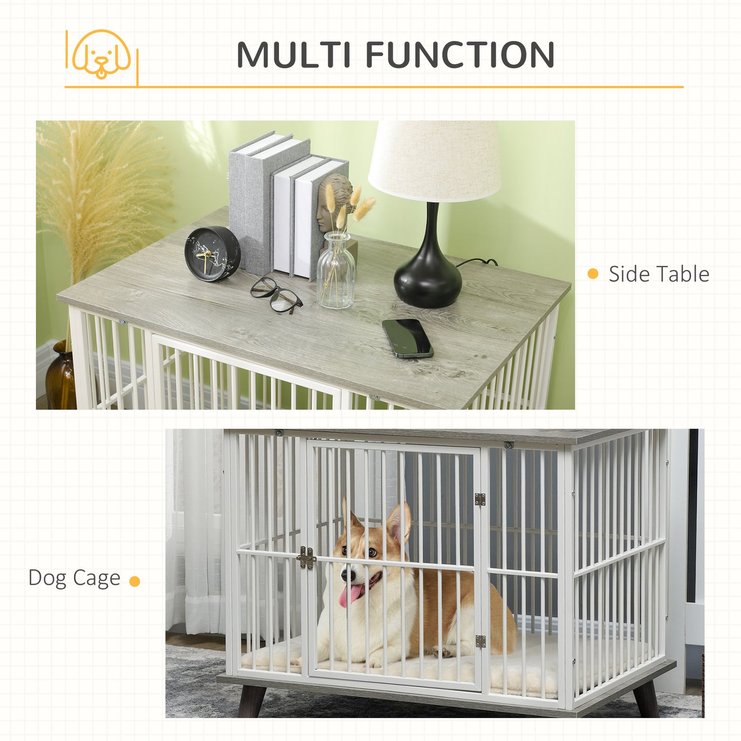 PawHut Dog Crate Furniture, Indoor Pet Kennel Cage, Top End Table w/ Soft Cushion, Lockable Door, for Small Dogs, 86 x 60 x 70 cm - Grey