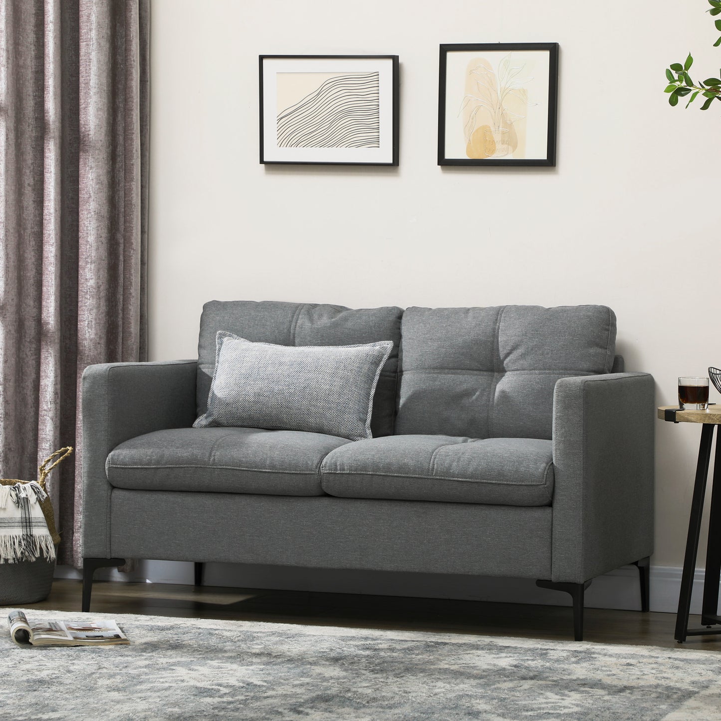 HOMCOM 133cm Loveseat Sofa, Modern Fabric Couch with Steel Legs, Upholstered 2 Seater Sofa for Living Room, Bedroom, Dark Grey