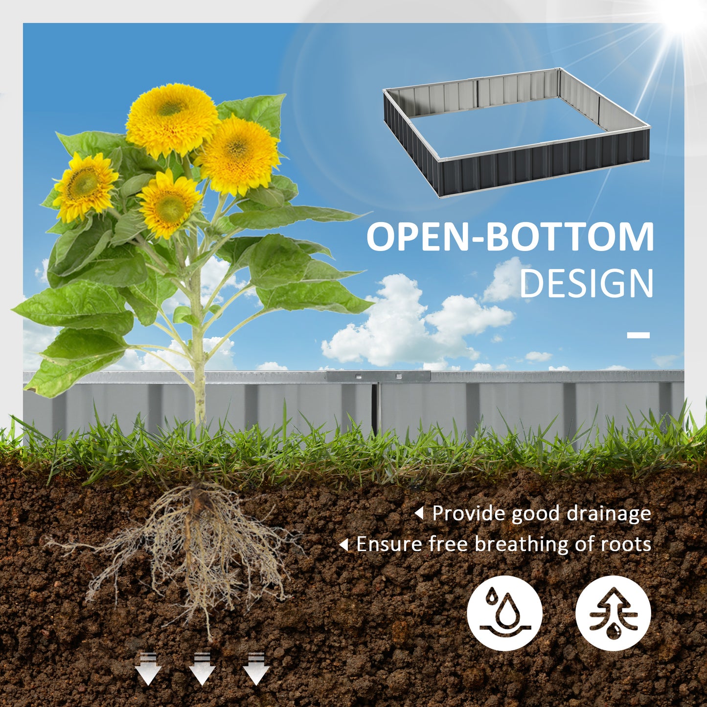Outsunny Metal Raised Garden Bed, DIY Large Steel Planter Box, No Bottom w/ A Pairs of Glove for Backyard, Patio to Grow Vegetables, Herbs, and Flowers, 258cmx90cm Bed Box Gloves