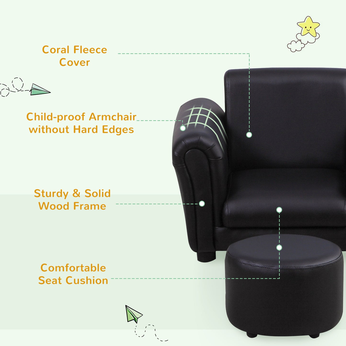 HOMCOM Toddler Chair Single Seater Kids Sofa Set 54 x 42 x 41cm Kids Sofa with Stool Black