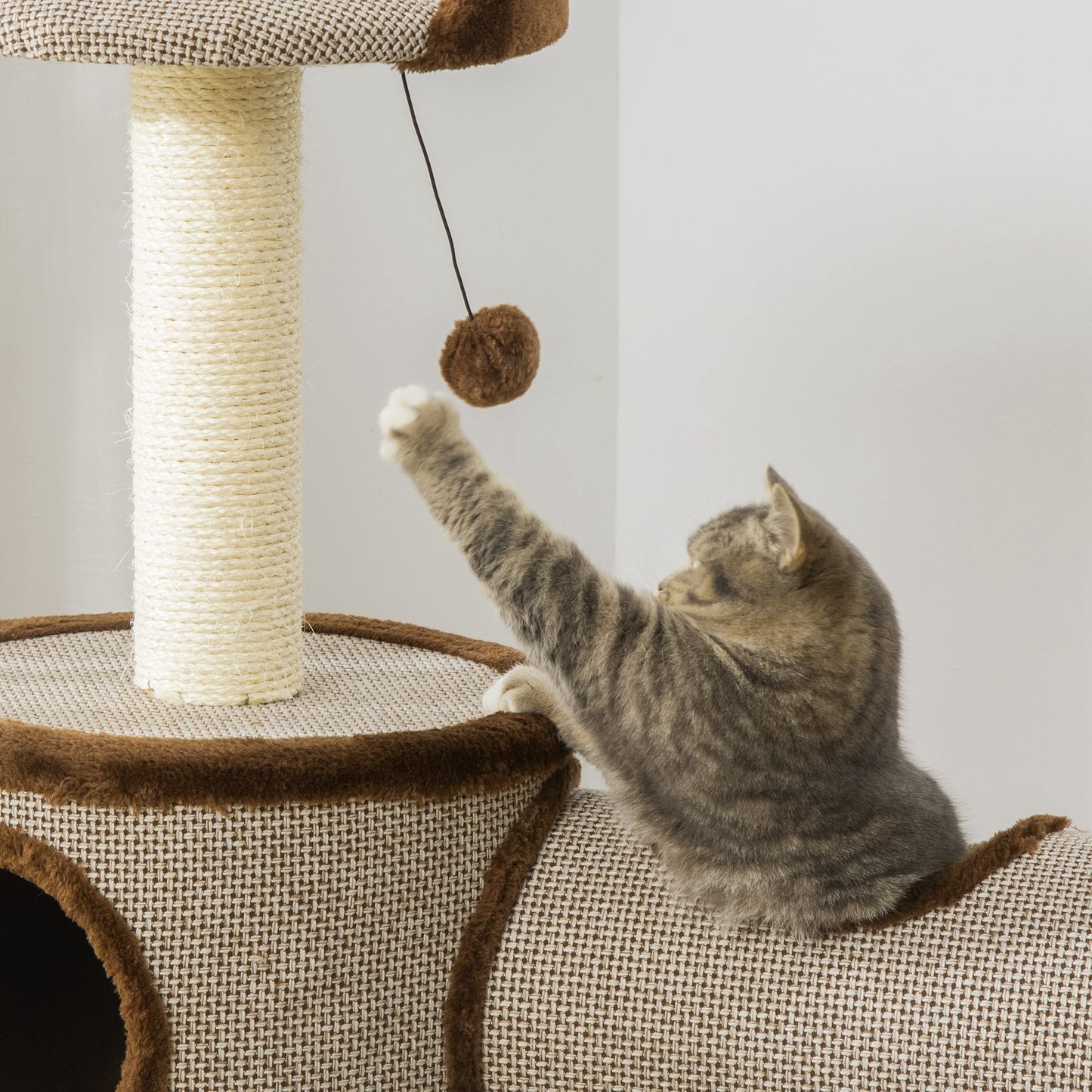 PawHut Cat Tree Tower Climbing Activity Center Kitten Furniture with Cat Condo Bed Sisal Scratching Post Hanging Ball 75 x 39 x 104cm Brown