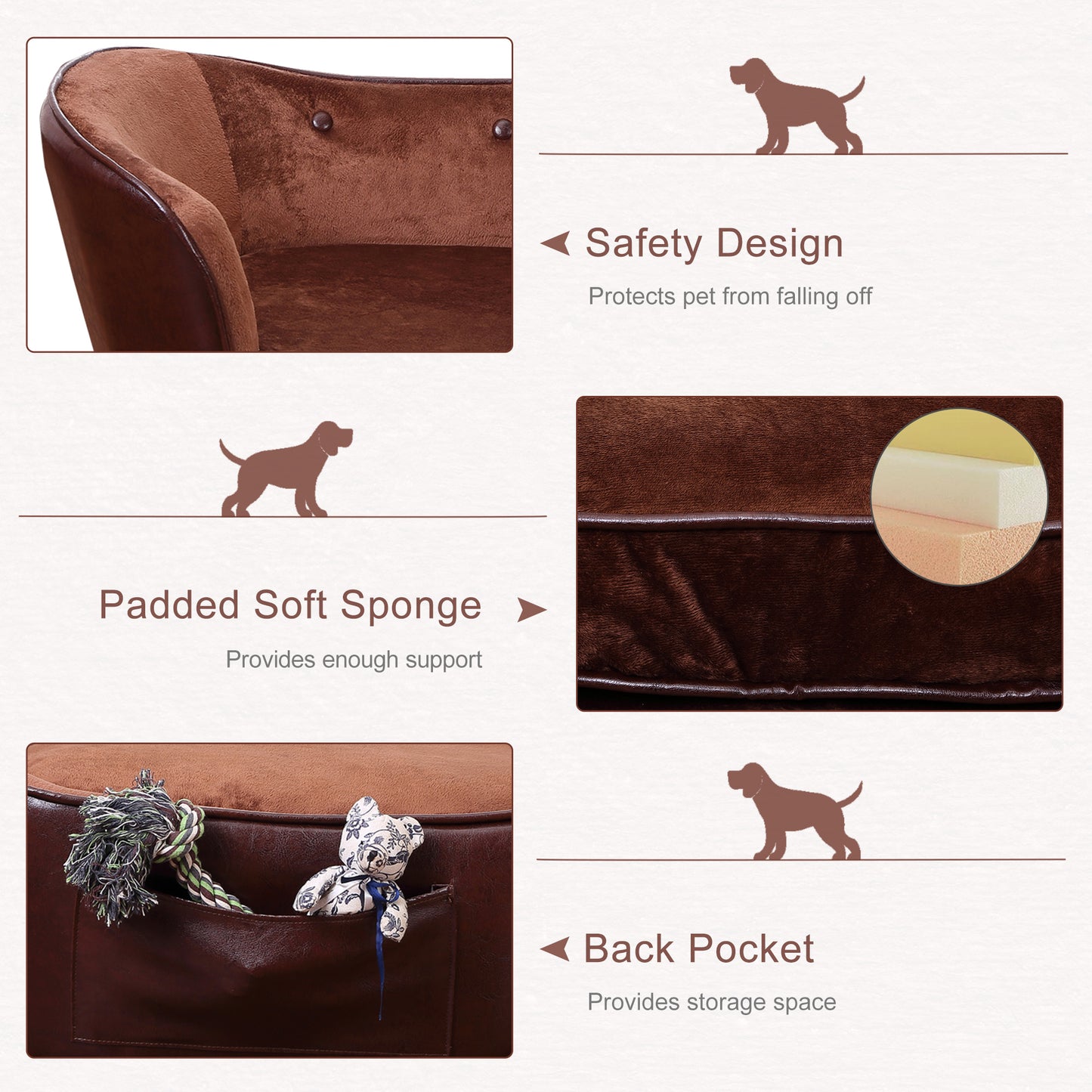 PawHut Dog Sofa Chair with Legs, Pet Couch with Soft Cushion for Small Dogs Cats, Brown, 78 x 57 x 35.5 cm