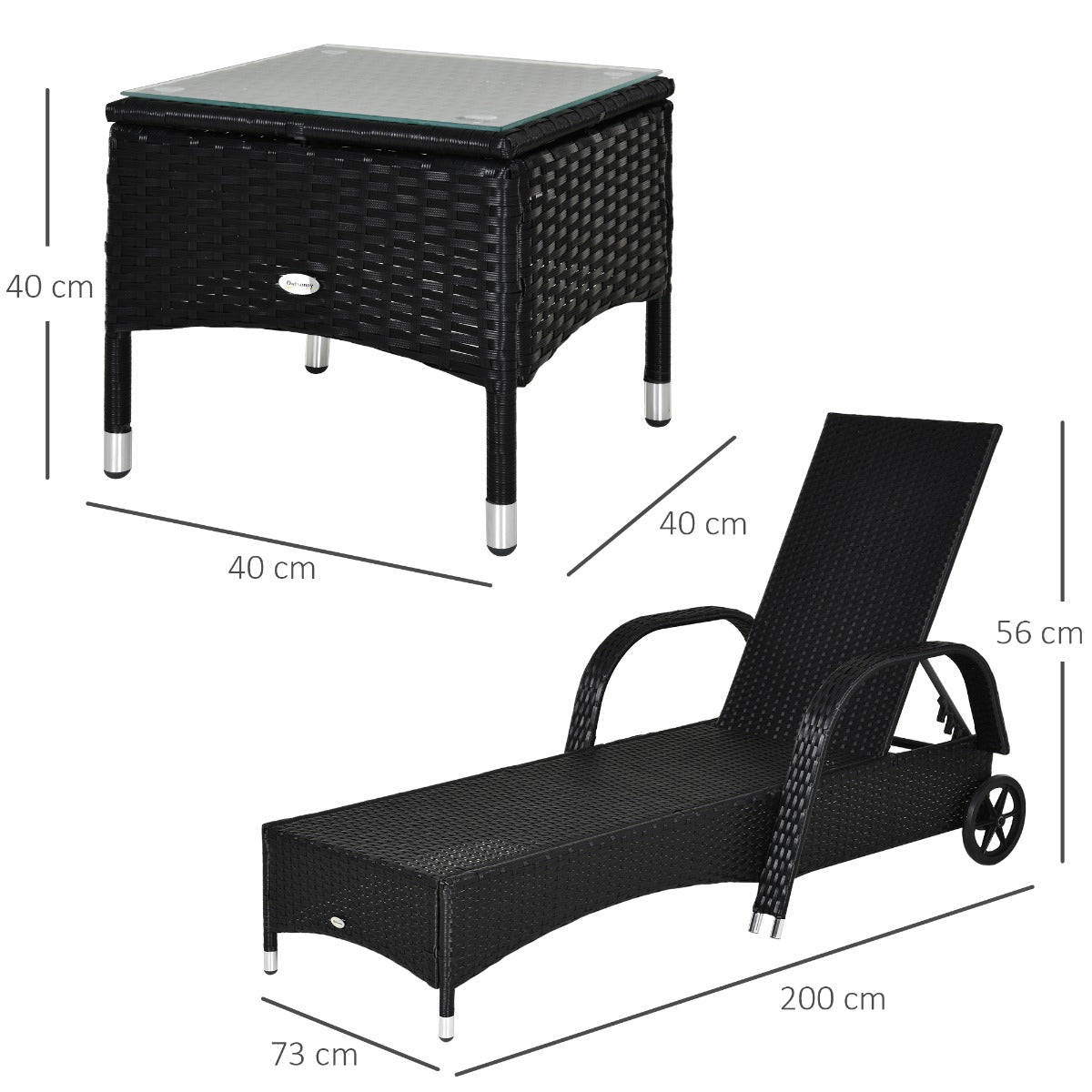 Outsunny 2 Seater Rattan Sun Lounger Set with Side Table Black