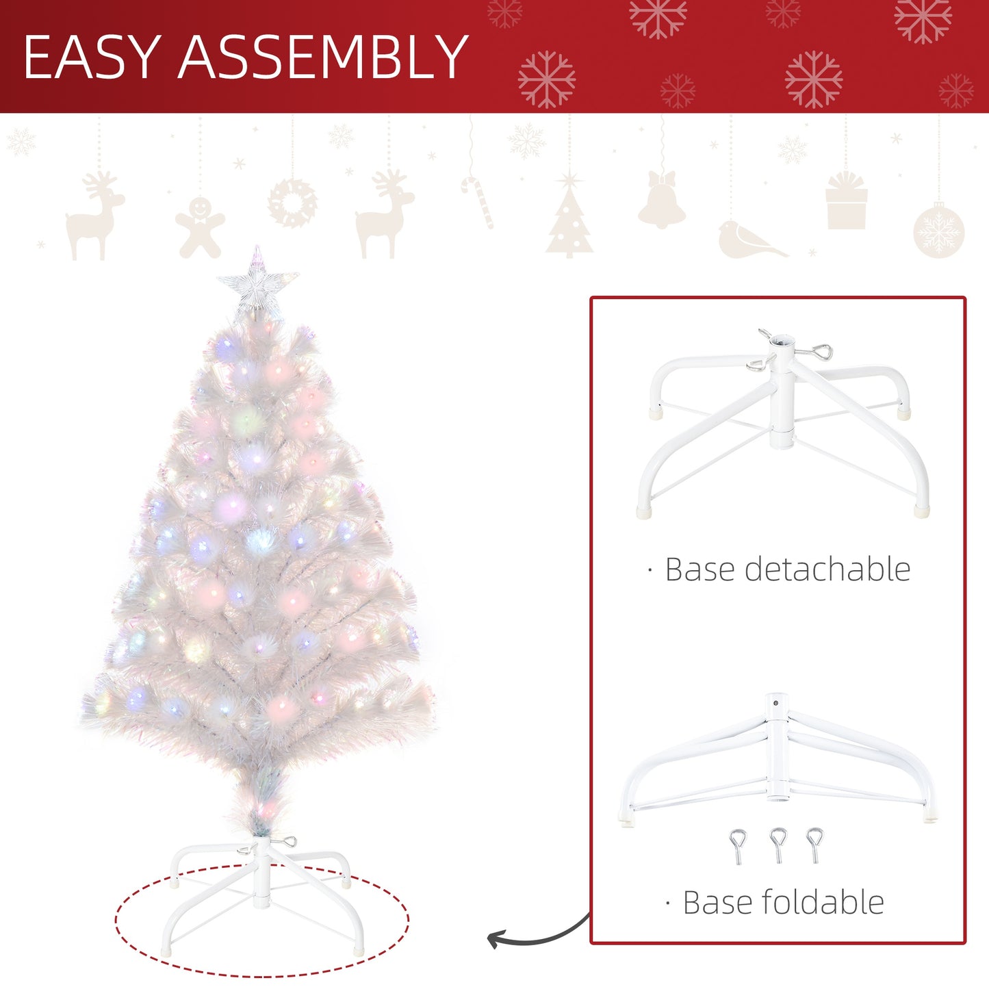 HOMCOM 3FT Prelit Artificial Christmas Tree w/ Fiber Optic, Xmas Decoration, White