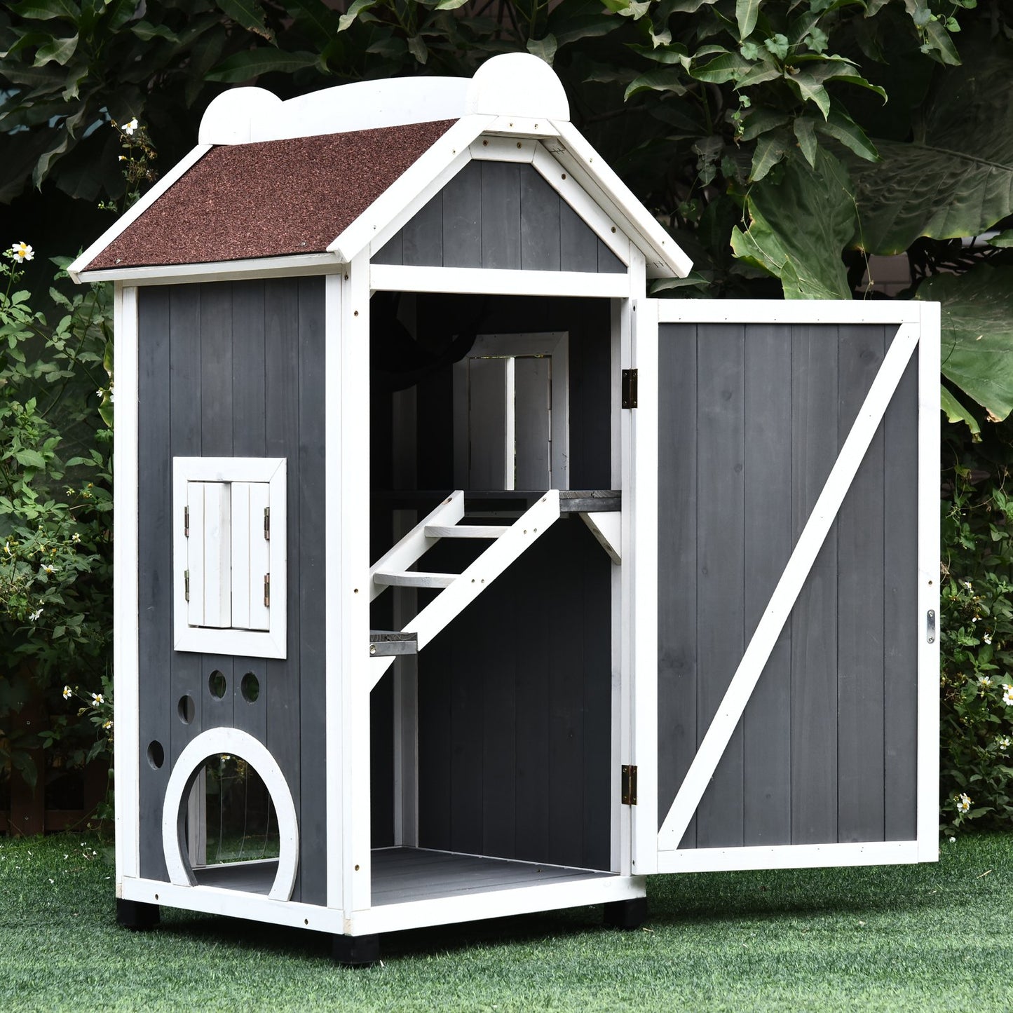 PawHut 59L x 55W x 109H cm Solid Wood Cat Condo Furniture 2-Floor Pet Shelter Grey & White