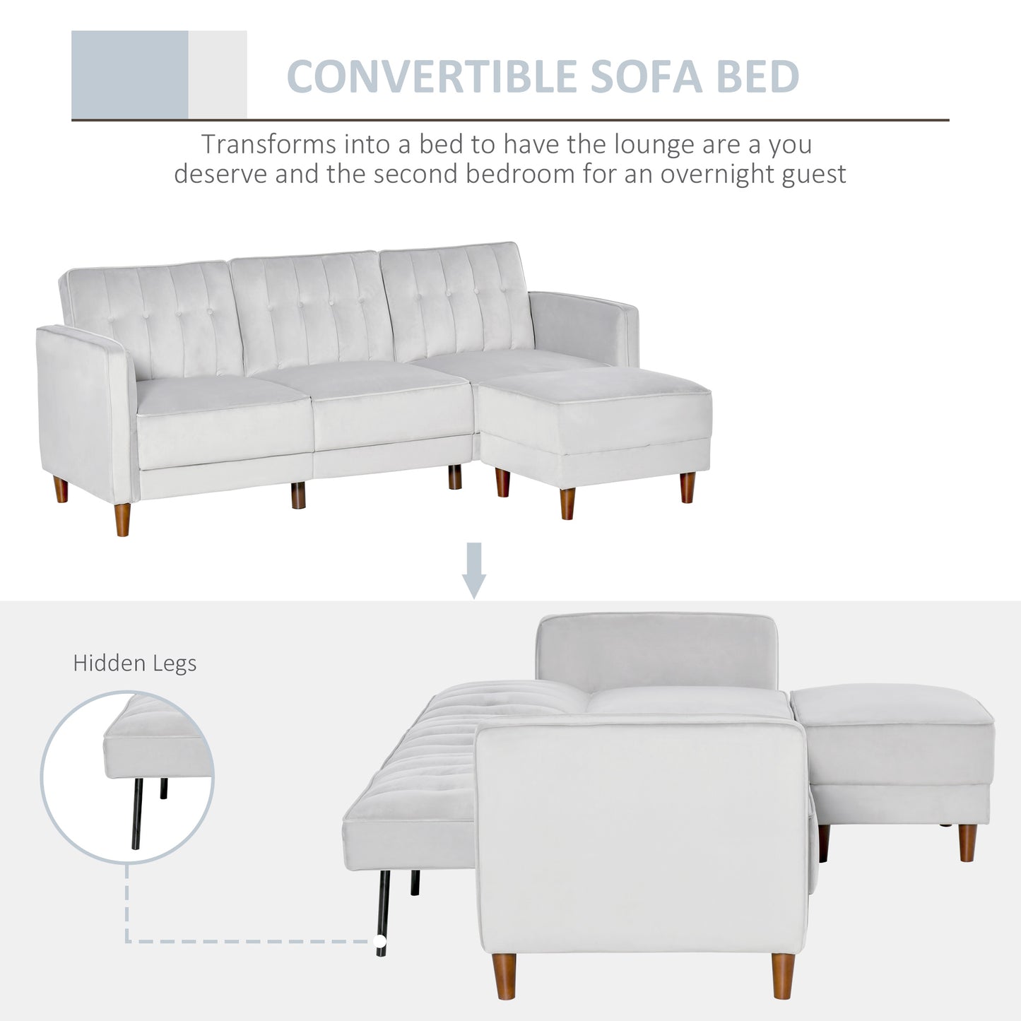 HOMCOM Modern Sofa bed Reversible Sectional Sofa Set Velvet-Touch Sleeper Futon