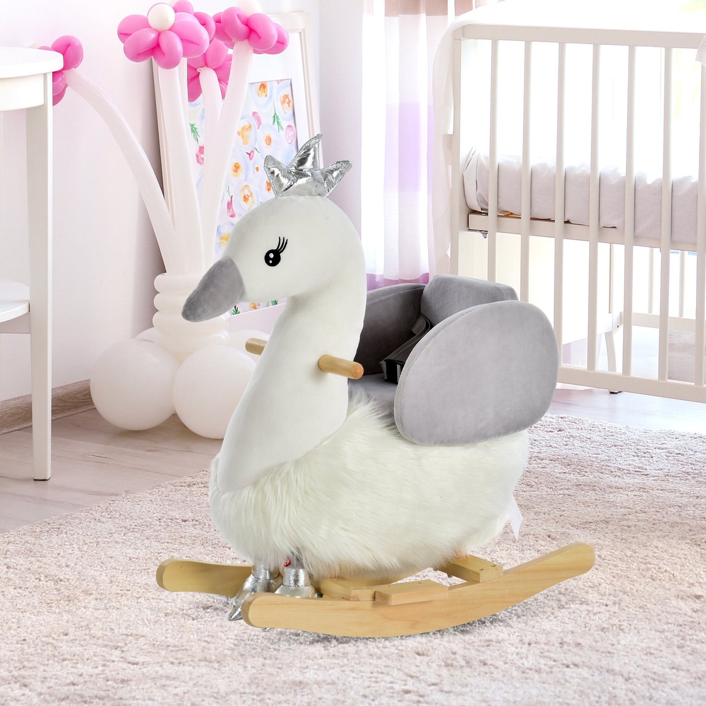 HOMCOM Toddlers Swan Plush Rocking Ride On w/ Sound White/Grey