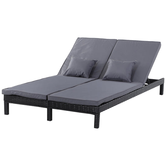 Outsunny 2 Person Rattan Lounger Adjustable Double Chaise Chair Loveseat w/ Cushion Black