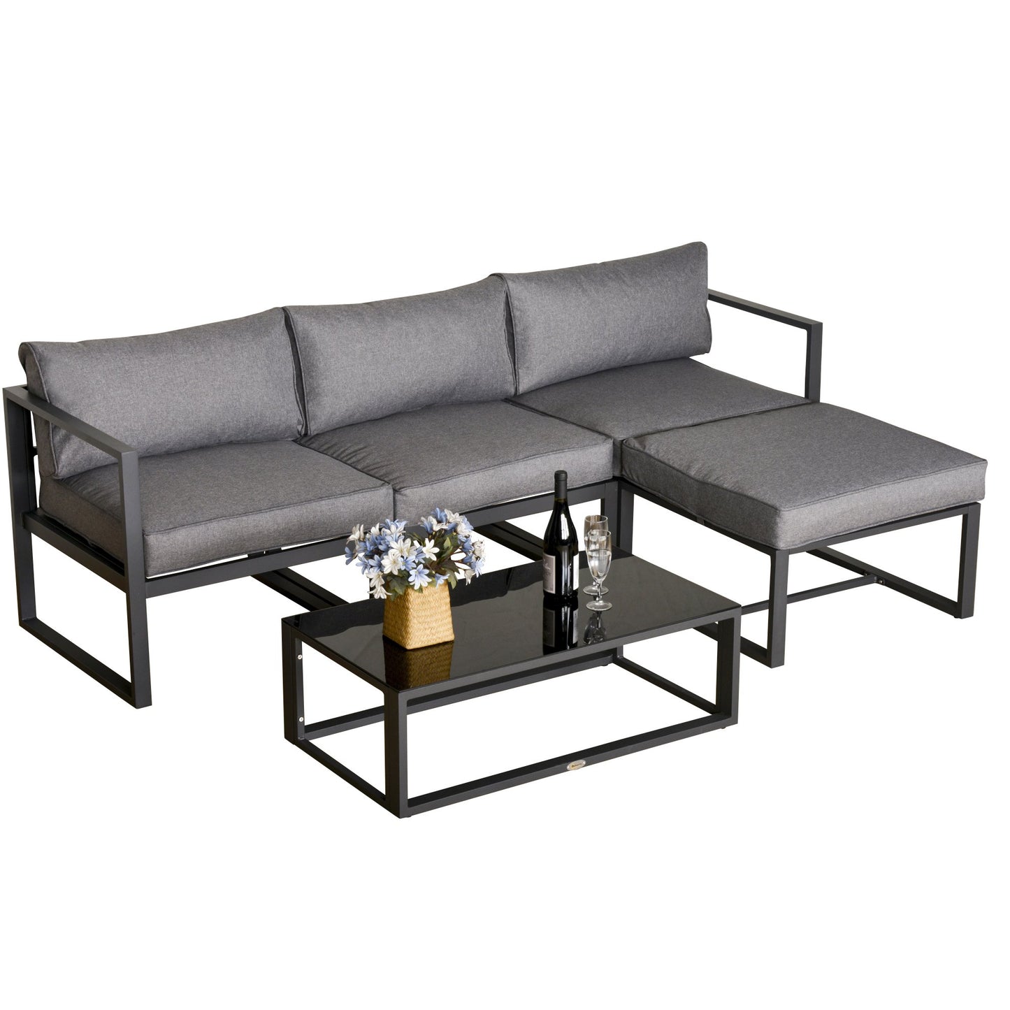 Outsunny 5 Pieces Outdoor Patio Furniture Set with Glass End Table Padded Cushion Grey