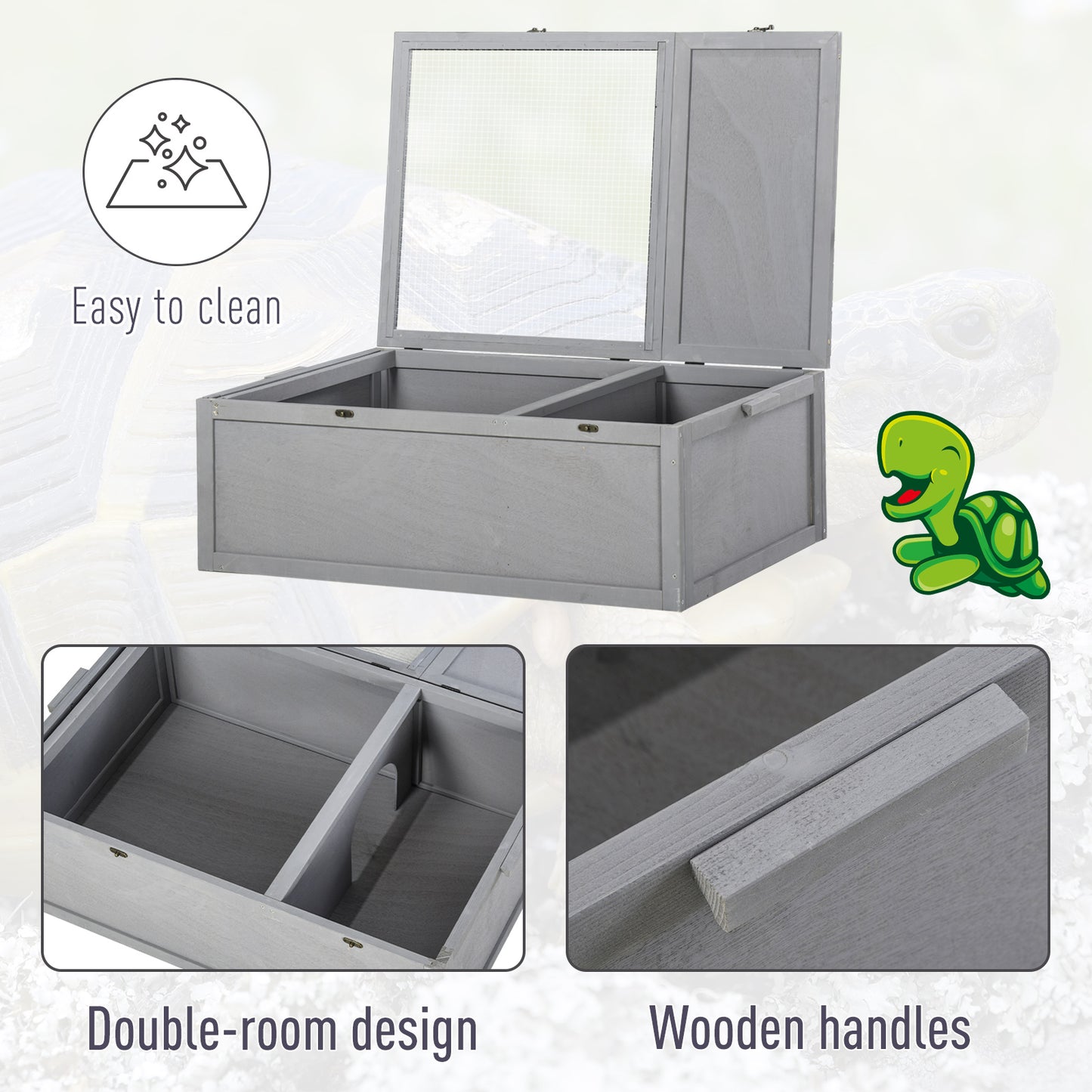 PawHut 94 cm Wood Indoor Outdoor Pet Tortoise House with Two Room Design, Grey