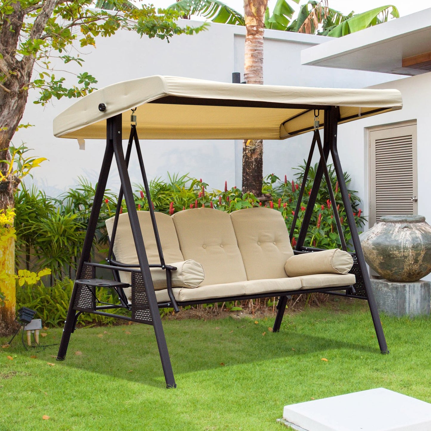 Outsunny Swing Chair Hammock Chair 3 Seater Canopy Cushion Shelter Outdoor Bench Steel Beige