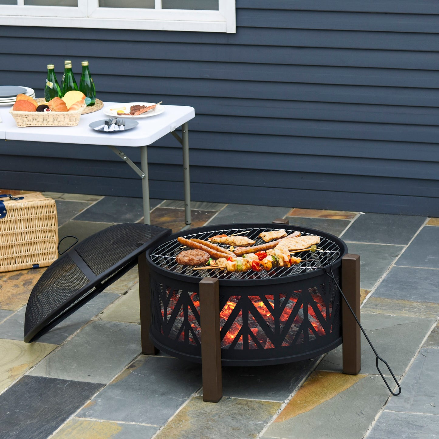 Outsunny Outdoor Fire Pit with Grill Cooking Grate Screen Cover Fire Poker Bonfire Patio