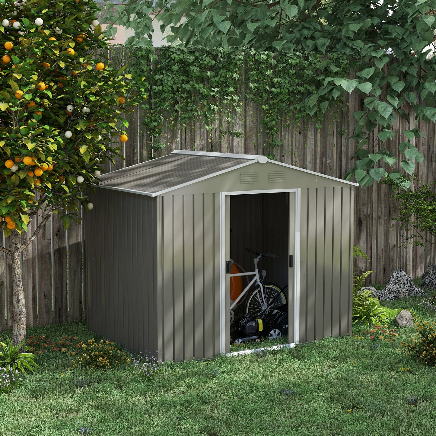 Outsunny 8 x 6ft Outdoor Garden Storage Shed Metal Tool House with Ventilation and Sliding Doors Light Grey