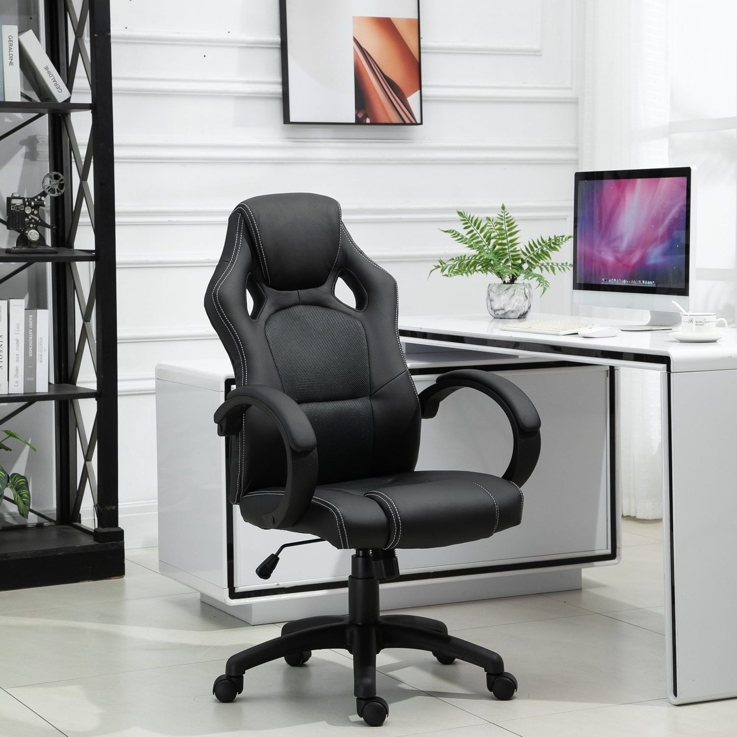 HOMCOM Racing Chair Gaming Sports Swivel PU Leather Office PC Chair Height Adjustable-Black/Grey