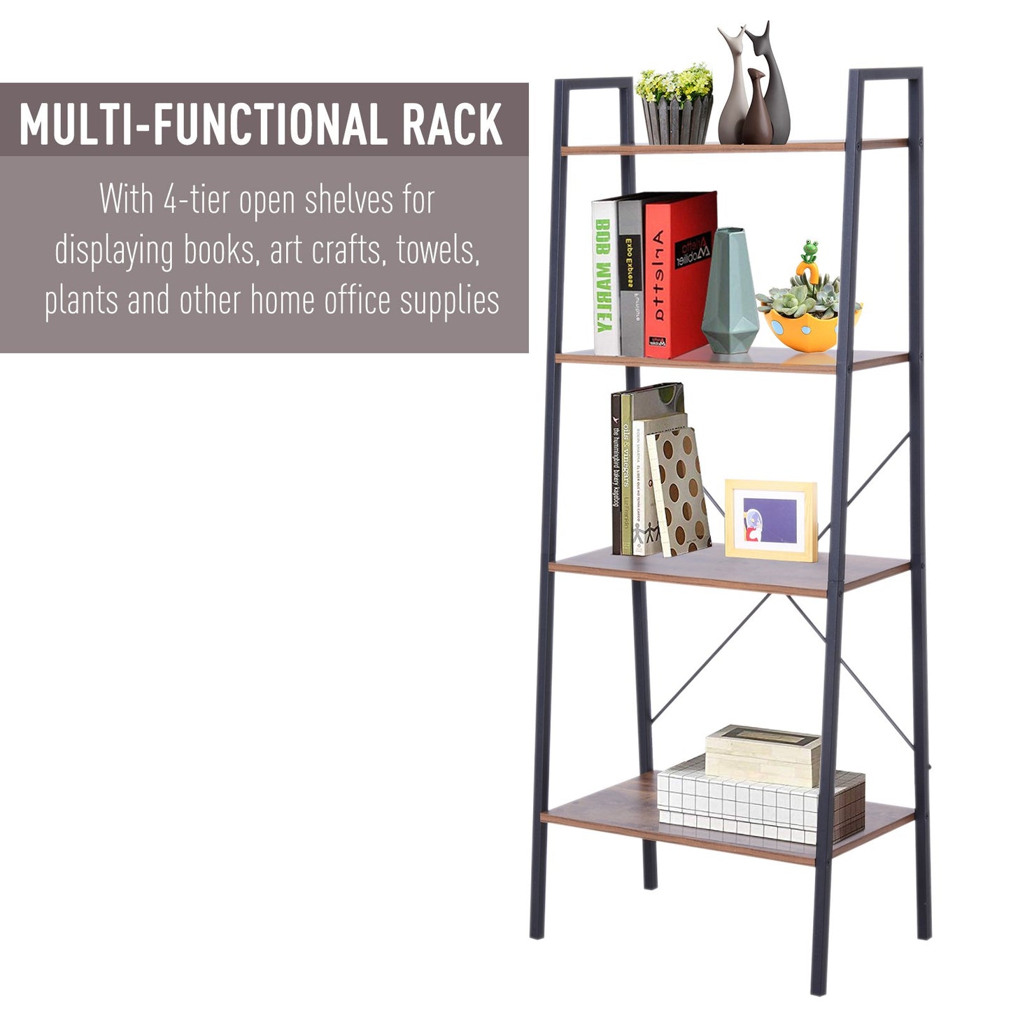 HOMCOM 4-Tier Storage Rack, 60Lx35Wx145H cm, MDF, Steel-Black/Wood Colour