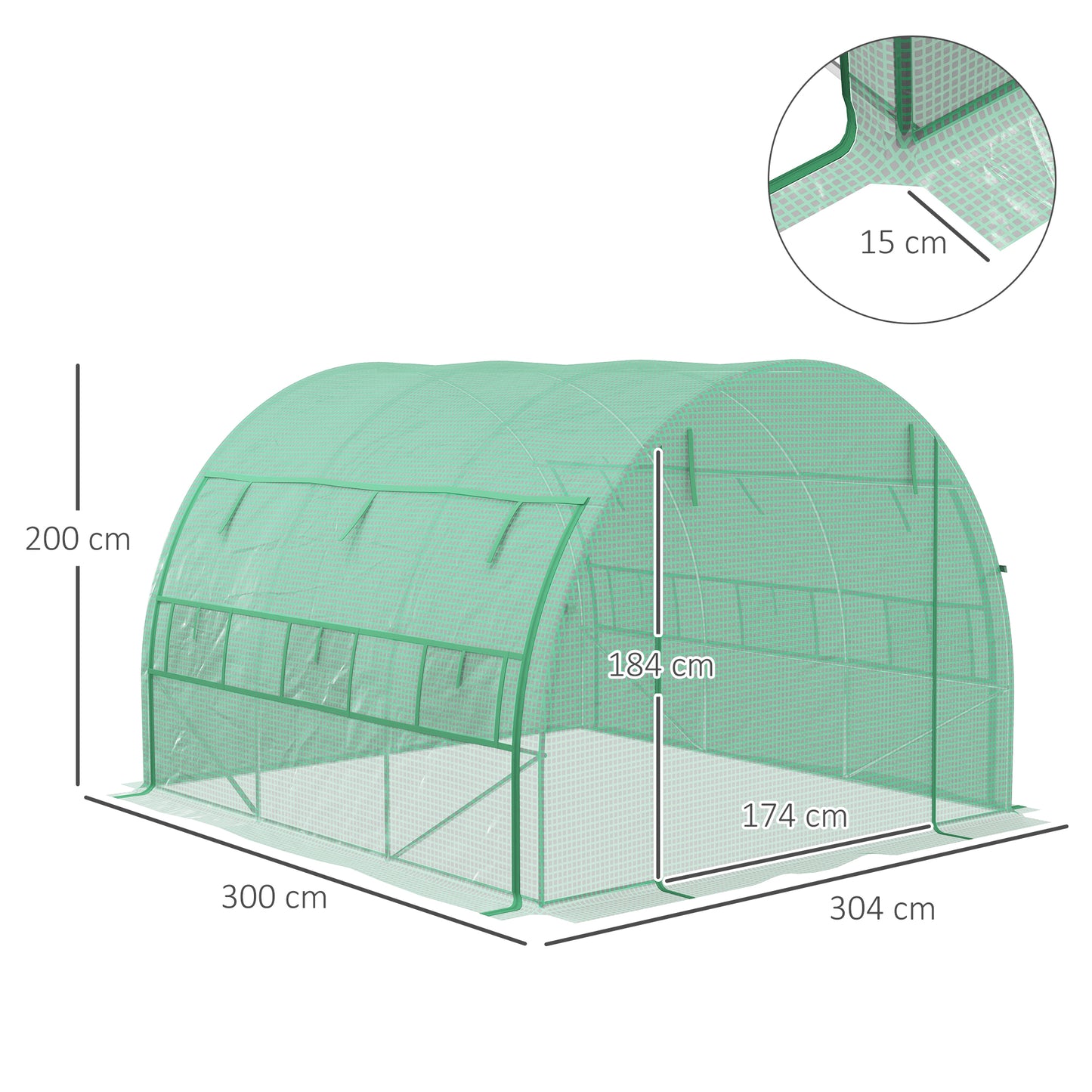 Outsunny Polytunnel Greenhouse Walkin Grow House Tent with Rollup Sidewalls Zipped Door and 6 Windows 3x3x2m Green
