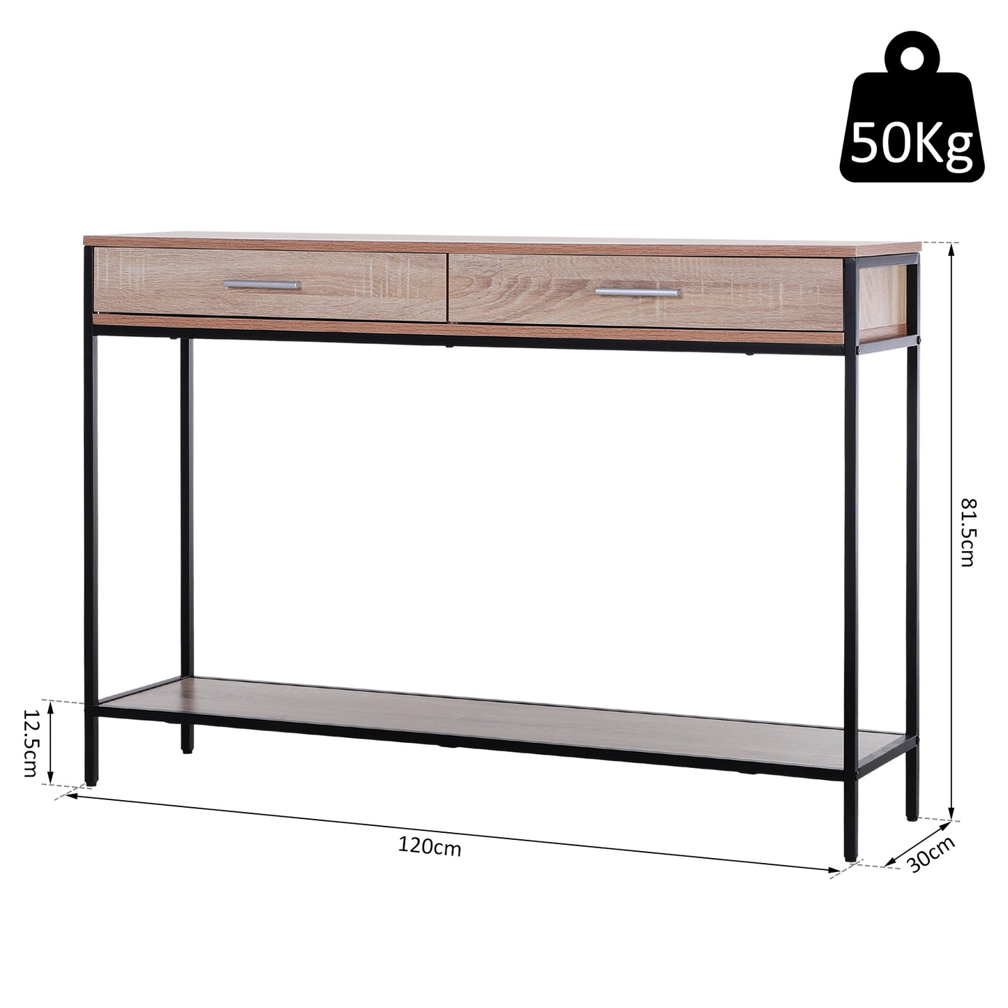 HOMCOM Industrial Console Table Narrow Worktop w/ Bottom Shelf & Two Drawers Oak Wood