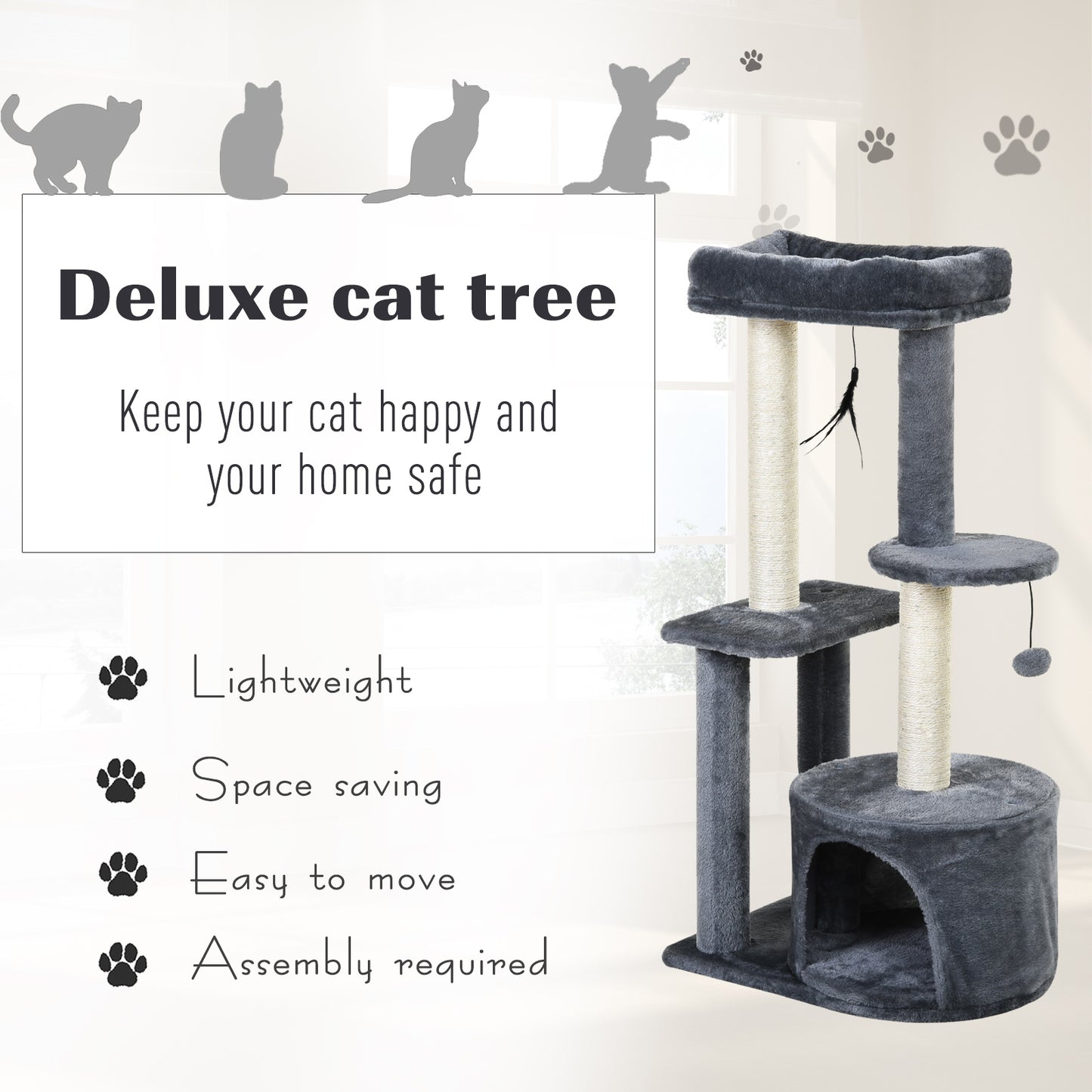 PawHut Cat Multi-Activity Tree Tower w/ Perch House Scratching Post Play Ball Plush Fun
