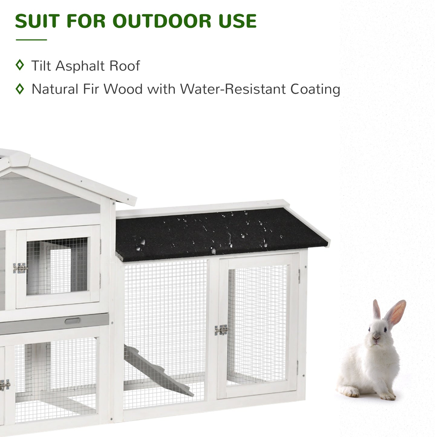 PawHut 2 Tier Wooden Rabbit Hut w/ Tray, Ramps, Run Area, Asphalt Roof for Outdoor Grey