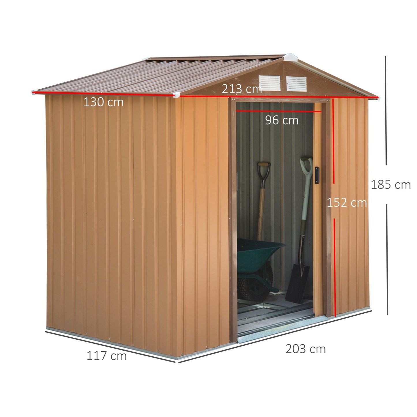 Outsunny 7 x 4ft Lockable Garden Shed Large Patio Roofed Tool Metal Storage Building Foundation Sheds - Khaki