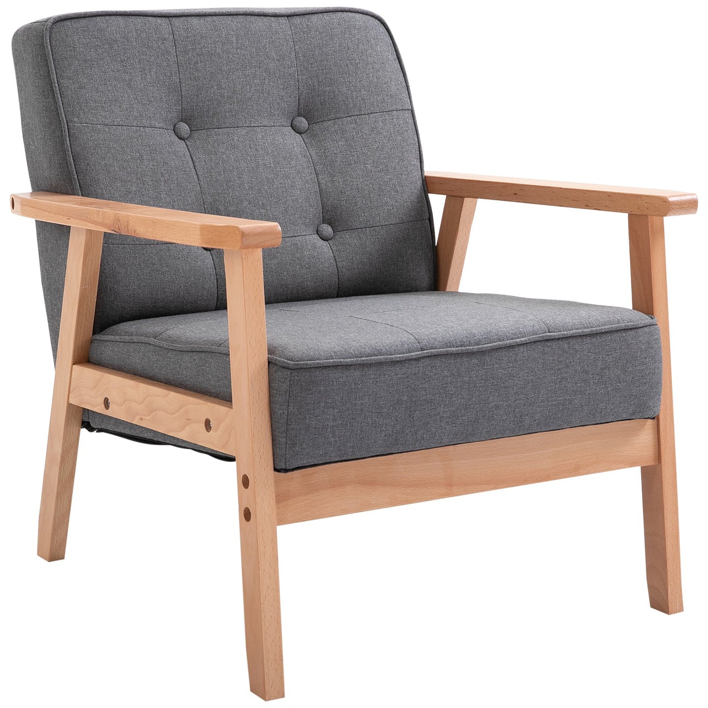 HOMCOM Chair W/Linen Beech High Elastic Sponge Non-Woven Bottom, 64.5W x 70D x 70Hcm-Grey/Natural Wood Colour