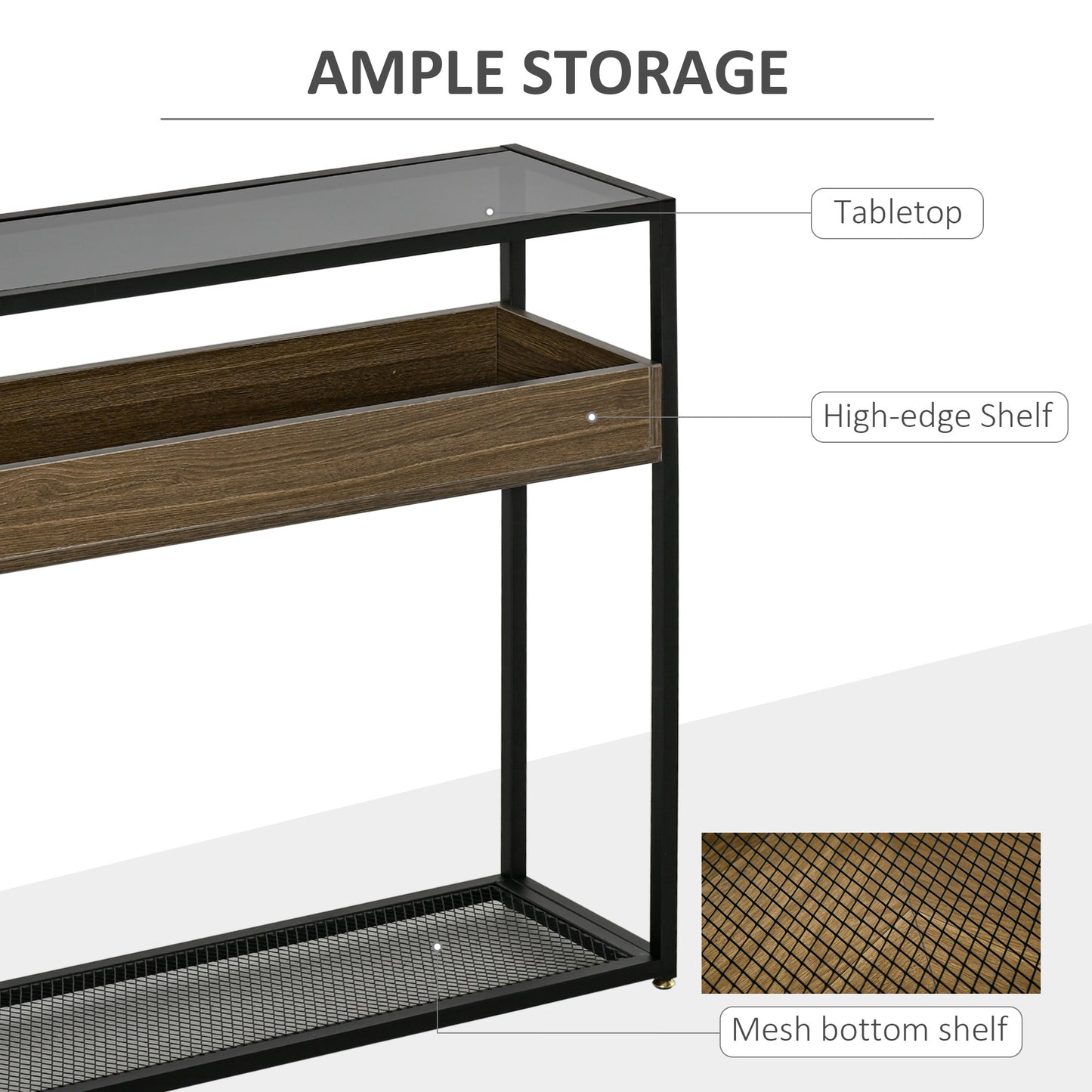 HOMCOM Industrial Style Console Table Sofa Table with Tempered Glass Top Steel Frame