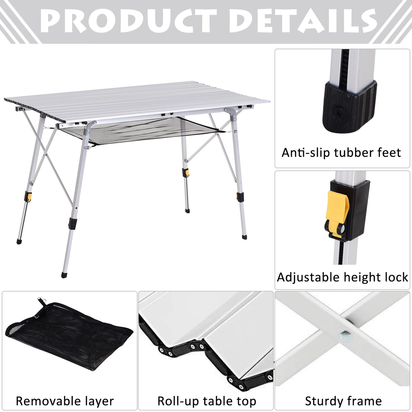 Outsunny Aluminium Portable Folding Picnic Table Portable Camping Table w/ Mesh Tier Silver