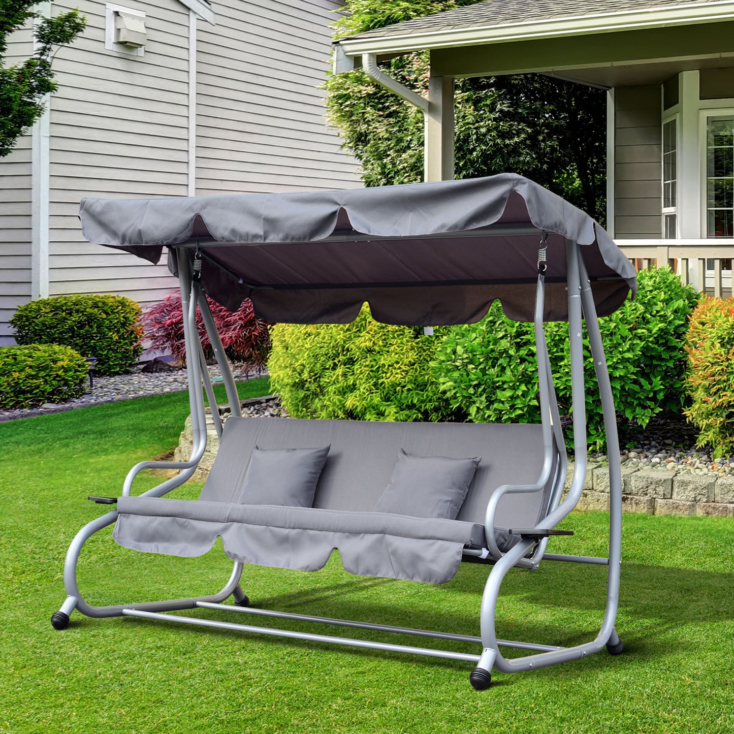 Outsunny 3-Seater Swing Chair W/2 Free Pillows-Grey