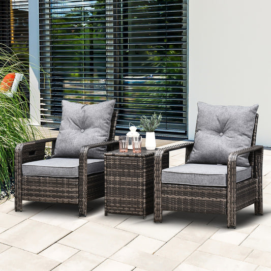 Outsunny 3 Pcs PE Rattan Garden Seating Set w/ 2 Padded Chair Storage Table Grey