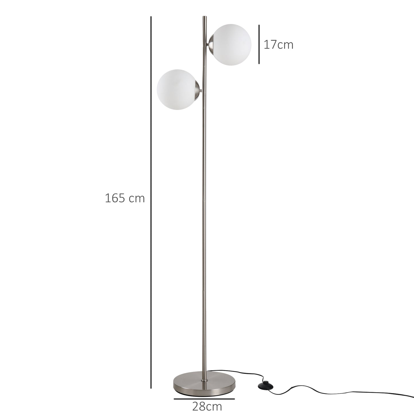 HOMCOM 2 Glass Shade Floor Lamp Metal Pole Modern Decorative w/ Floor Switch Silver
