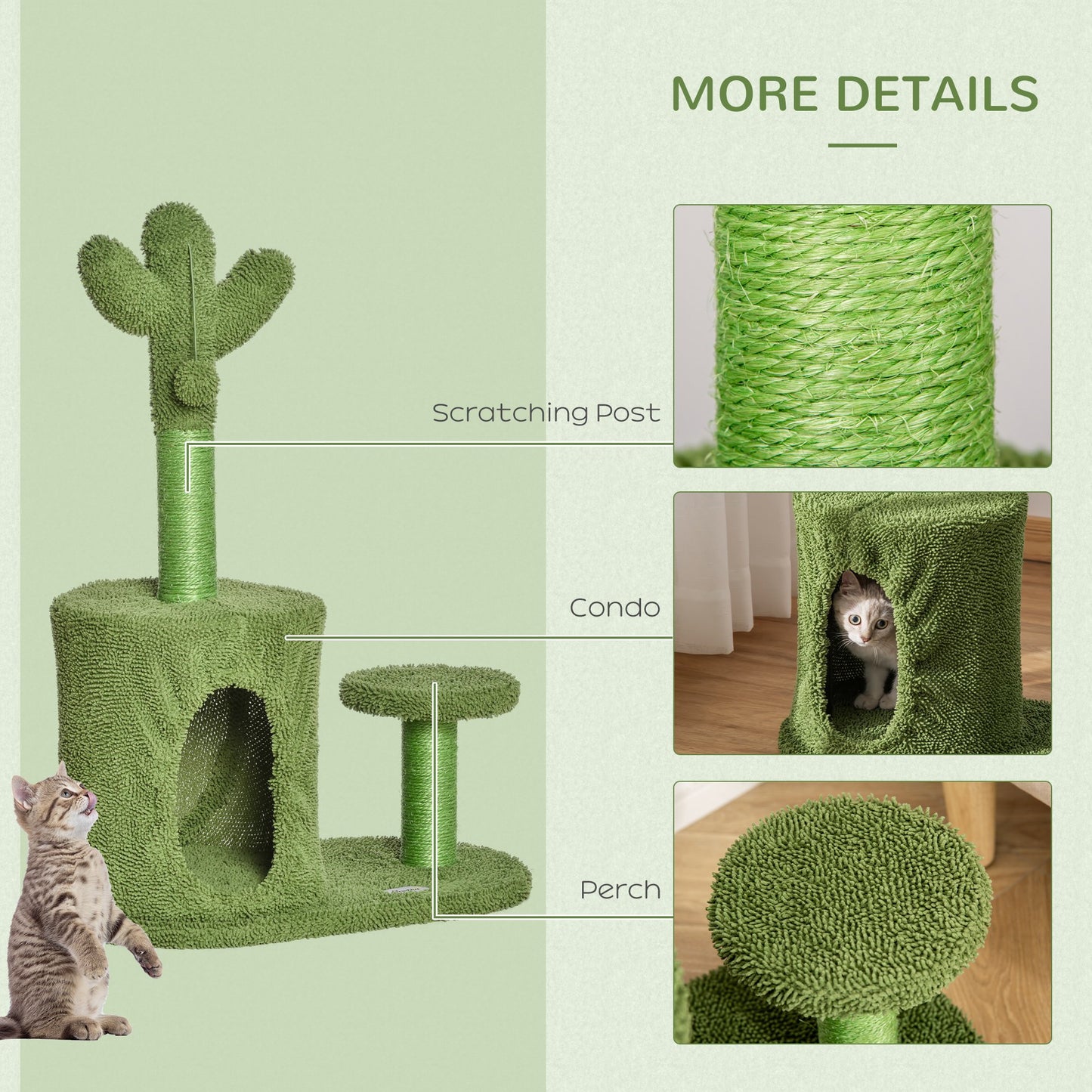 PawHut Cat Tree Tower Cactus Shape w/ Scratching Post Condo Perch Ball Kitten Toy