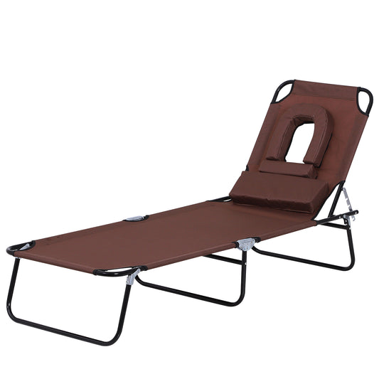 Outsunny Folding Sun Lounger W/ Pillow, Oxford Cloth, Steel Frame-Brown