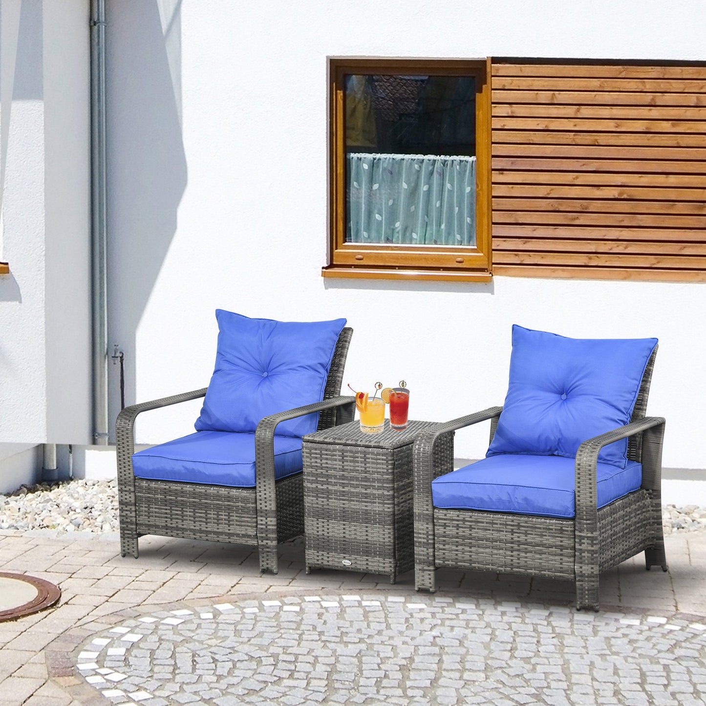 Outsunny 3 Pcs PE Rattan Garden Seating Set w/ 2 Padded Chair Storage Table Blue