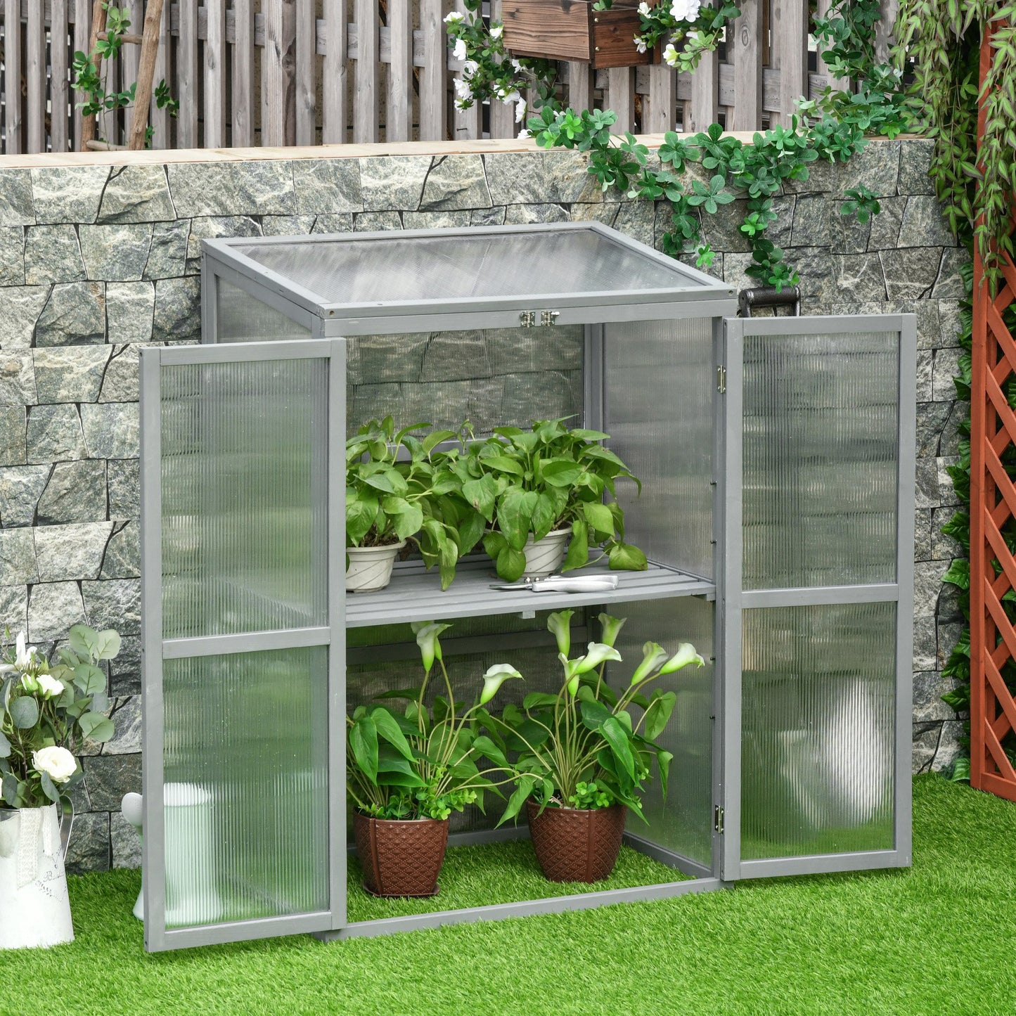 Outsunny Wooden Cold Frame Greenhouse for Plants PC Board Garden 76 x 47 x 110cm Grey