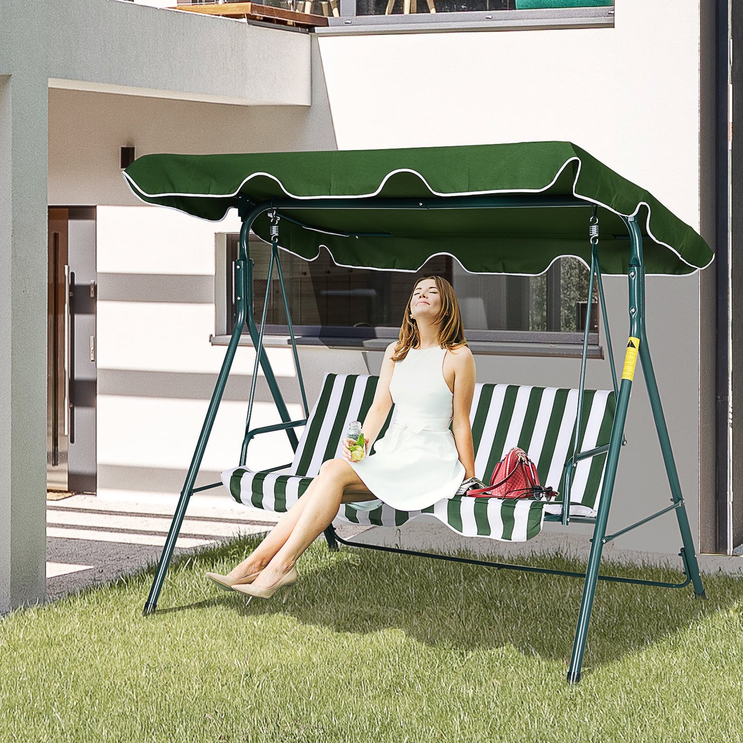 Outsunny Steel 3-Seater Swing Chair w/ Adjustable Canopy Green