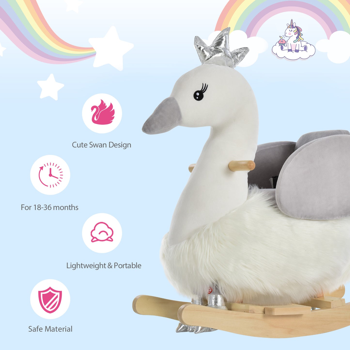 HOMCOM Toddlers Swan Plush Rocking Ride On w/ Sound White/Grey