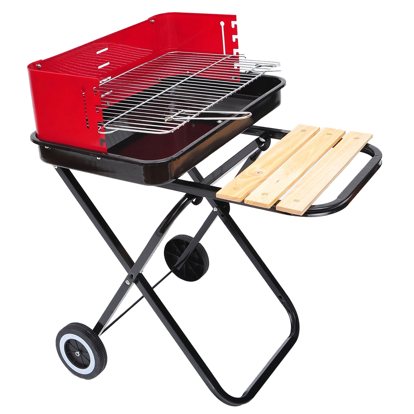 Outsunny Foldable Charcoal Trolley Barbecue Grill W/ Wheels-Red & Black