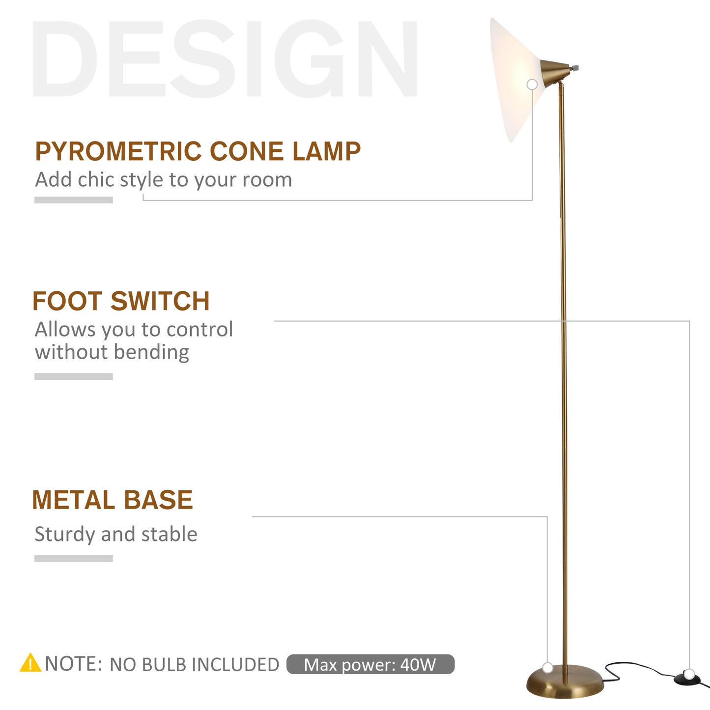 HOMCOM Steel Flexible Rotation Floor Lamp Gold
