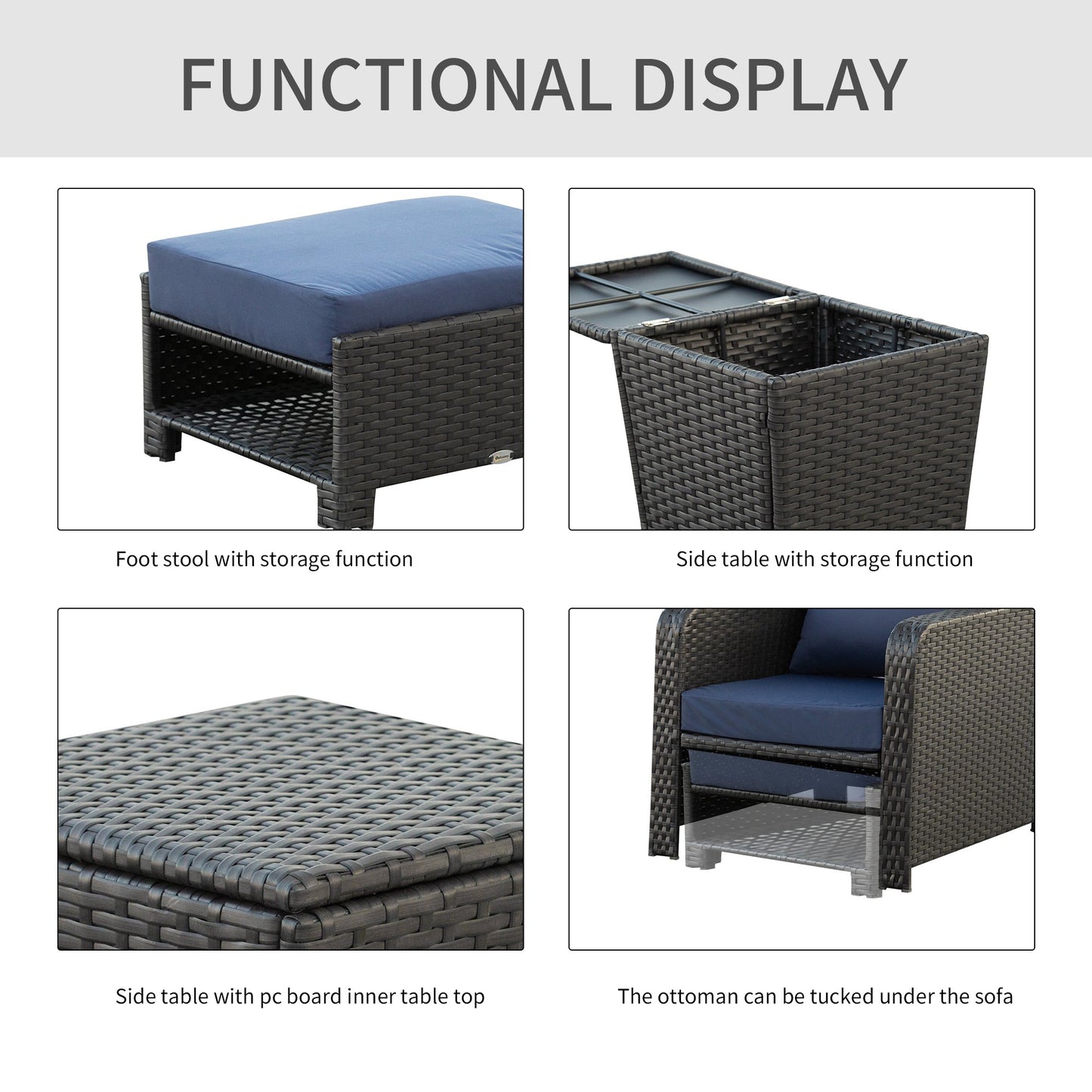 Outsunny 5pcs Outdoor Rattan Furniture Sofa Set w/ Storage Function Side Table & Ottoman