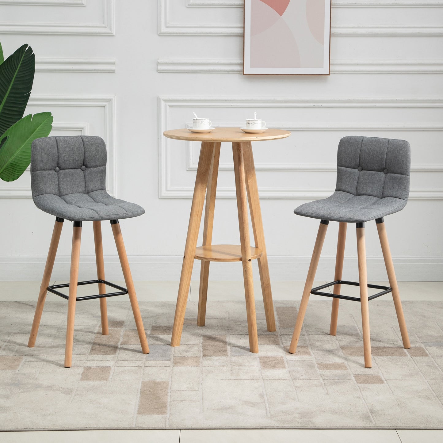 HOMCOM Bar stool Set of 2 Armless Button-Tufted Counter Chairs Wood Legs, Grey